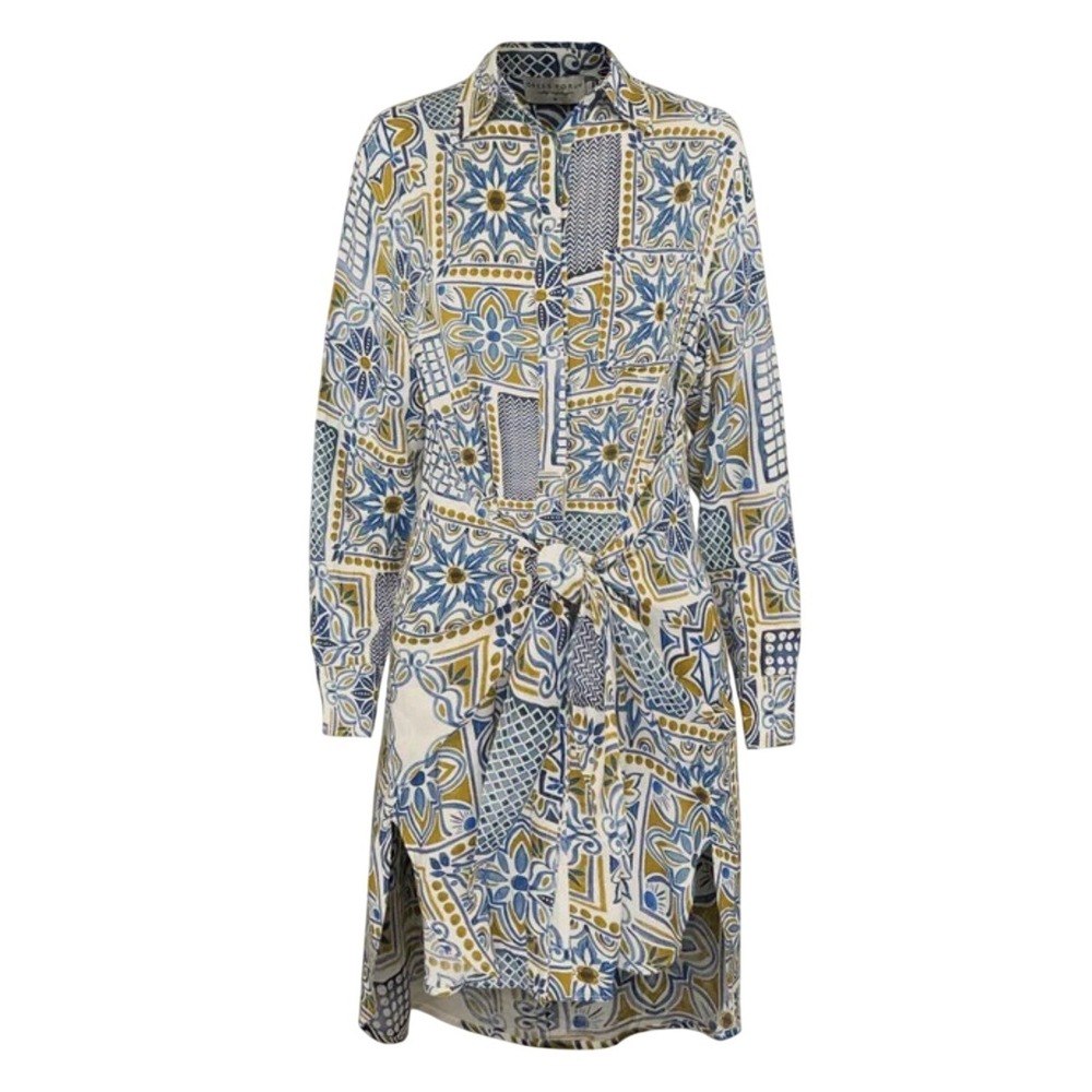 Dress Forum Santorini Dress Blue Yellow Tile Print Shirt Dress Front Knot Medium